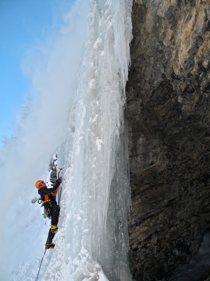 Chamonix ice climbing - Neil leads up the frozen waterfall